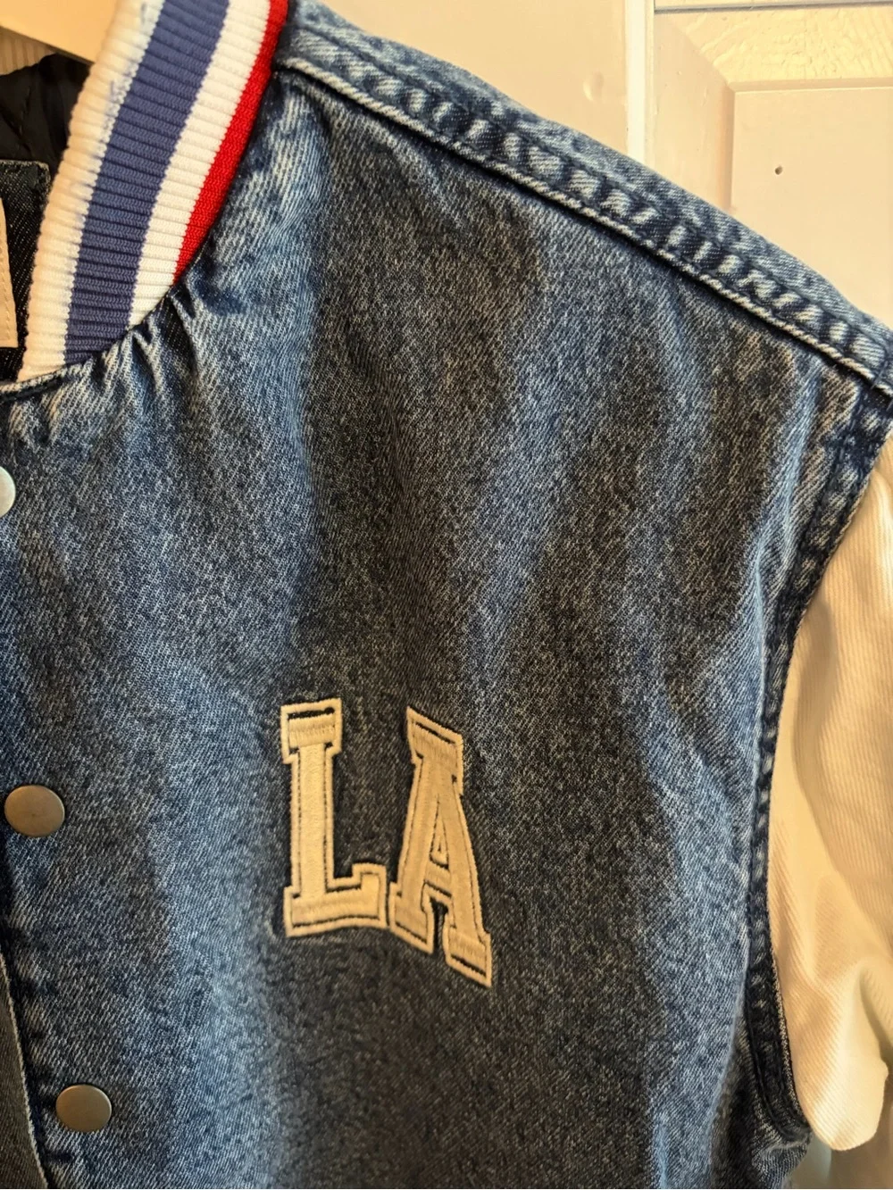 Zara Blue Denim & White Sleeve Kids Varsity Bomber Jacket ♻️🪩